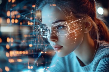 A woman wearing futuristic glasses with digital overlays reflects concentration and the merging of technology and human interaction in a modern environment.