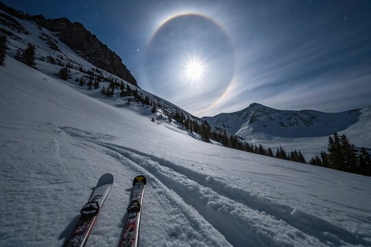 A pair of skis gliding smoothly down a snow-covered mountain slope under a bright full moon with an apparent ring around them, winter sports, skiing