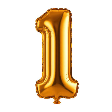 shiny gold foil number one 1 balloon floats in a neutral transparent white backround space isolated 300dpi png file