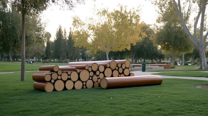Unique wooden discs arranged artistically on a concrete table, emphasizing a natural, organic aesthetic in an interior setting