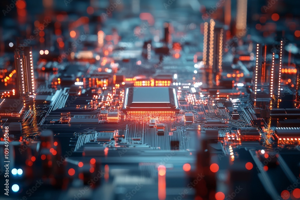 Poster a microchip features glowing circuitry and lights, representing the complexity and sophistication of