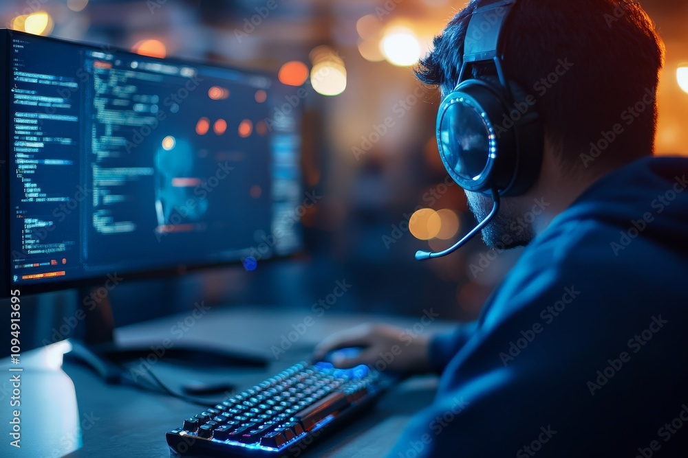 Poster a person with headphones sits coding at a dual-screen computer setup, symbolizing focus, concentrati
