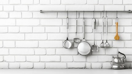 Kitchen utensils background with a blank space for a text and white brick background 