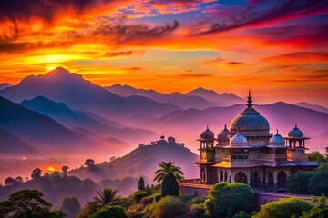 Obraz premium Captivating Silhouettes of Northern Indian Landscapes at Dusk with Majestic Mountains and Traditional Architecture in the Background, Evoking a Sense of Serenity and Culture