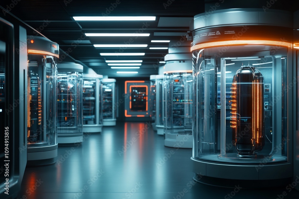 Poster rows of advanced data servers within transparent cylindrical enclosures glow with orange light, sign