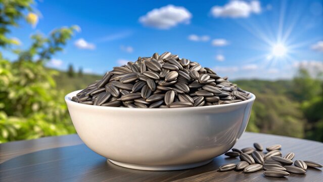 Black sunflower seeds in white bowl isolated on transparent background Generative Ai.
 - Powered by Adobe