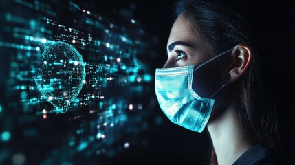 A Profile of a Young Woman Wearing a Protective Face Mask, Gazing at a Digital Representation of a Global Network of Connections and Data Streams with Technology Overlay