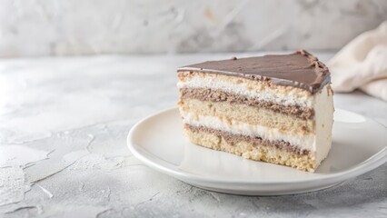 Chocolate-Frosted Layered Cake Slice on a White Plate