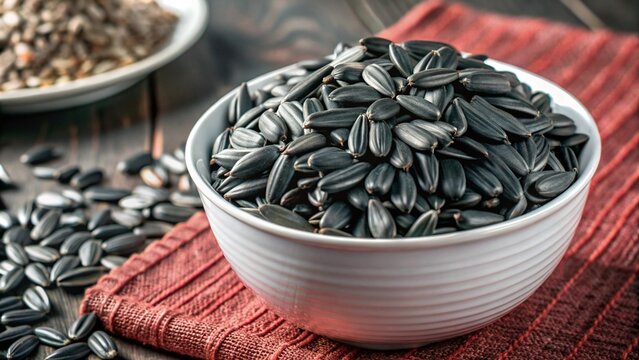 Black sunflower seeds in white bowl isolated on transparent background Generative Ai.
