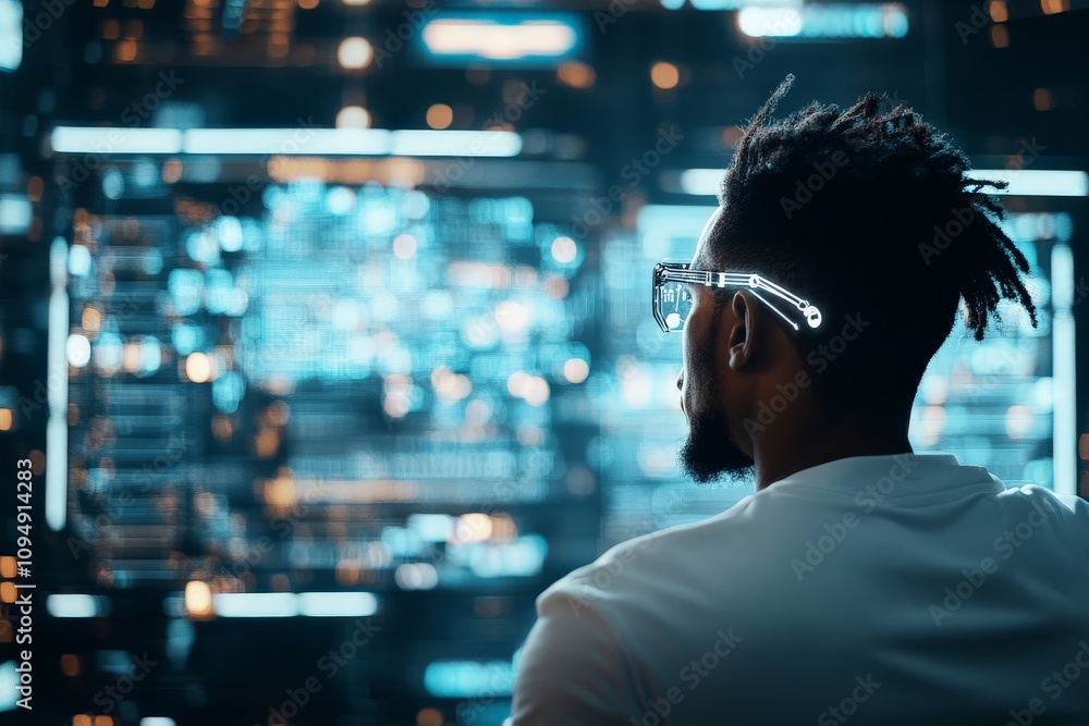 Poster an individual with advanced digital glasses stands facing a large digital interface, representing fu