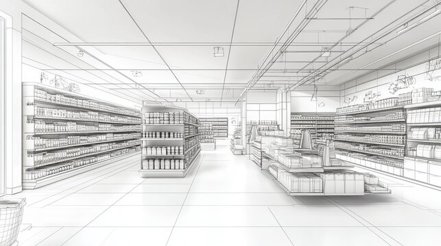 Modern line drawing of a supermarket, 3D rendering style. 