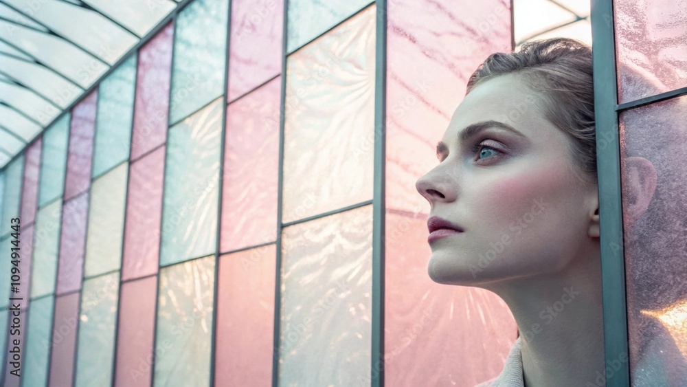 Poster highlighting the interplay of light and color this portrait showcases a face distorted behind shimme