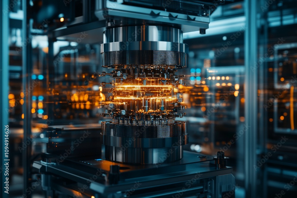 Poster an intricate close-up of a high-tech machine core with glowing elements, reflecting cutting-edge tec