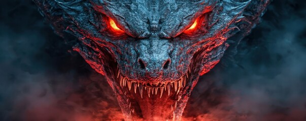 Fototapeta premium Fierce Dragon Head Fantasy Creature Mythical Beast 3D Render Dark Background Red Eyes