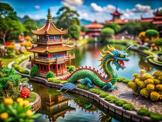 Naklejka premium Captivating Tilt-Shift Photography of a Chinese Dragon in a Colorful Landscape, Showcasing Cultural Heritage and Mythical Elements for Unique Stock Imagery