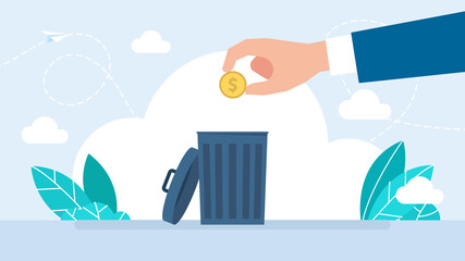 The hand throws dollar coin into the trash can. Flat cartoon design. Hand throwing dollar USD currency away trash can toss. Gold dollar coins fall into the trash can. Flat illustration