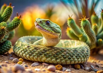 Fototapeta premium Captivating Tilt-Shift Photography of a Mojave Green Rattler in Its Natural Desert Habitat, Showcasing the Unique Coloration and Textures of This Fascinating Reptile