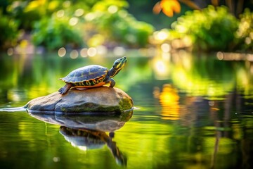Obraz premium Captivating Tilt-Shift Photography of a Turtle Relaxing on a Rock Surrounded by Lush Greenery and Gentle Water Reflections in a Vibrant Natural Habitat Setting