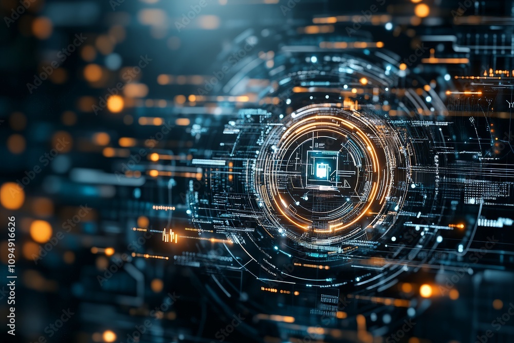 Poster this image features a circular digital interface within a dynamic cyber environment, representing fu