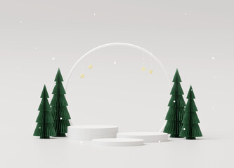 Stand product display podium with pine tree on white background. Christmas concept. 3D rendering