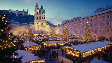 Enchanting Winter Market Scene with Twinkling Lights and Christmas Trees Surrounded by Festive Stalls in Beautiful European Town Square at Dusk