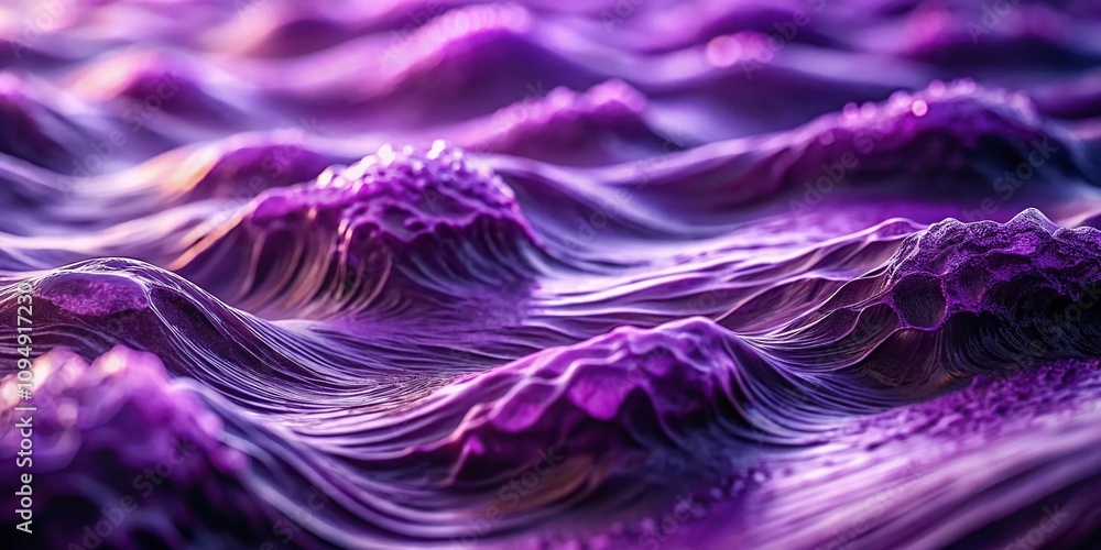 Poster captivating tilt-shift photography of purple wave patterns in abstract design showcasing fluid dynam