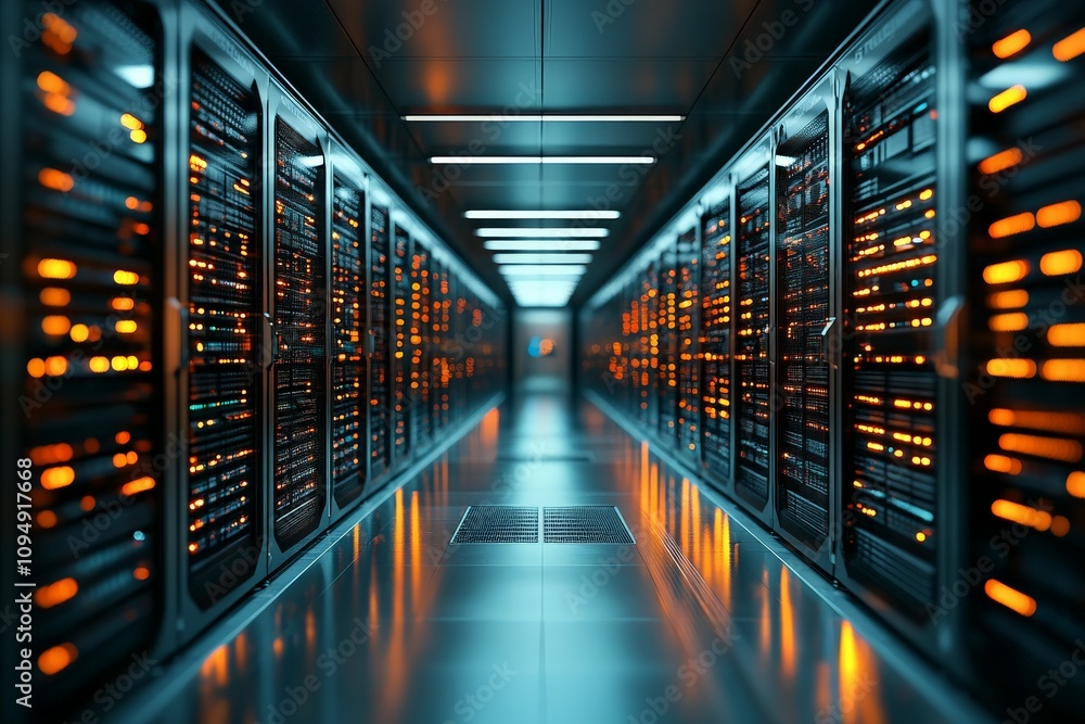 Poster a futuristic look inside a modern data center with rows of illuminated servers, emitting warm light 