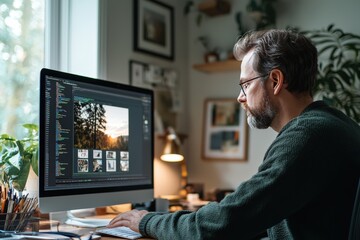A Thoughtful Designer Working in a Cozy, Dimly Lit Home Office with Greenery and a Warm Ambiance Enhancing Creativity and Focus