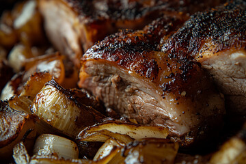juicy roasted pork shoulder with crispy skin and caramelized onions on a dark plate