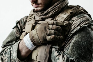 Fototapeta premium Soldier's injured arm, tactical gear, camouflage.
