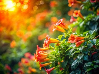 Captivating Tilt-Shift Photography of Vibrant Trumpet Bushes in a Lush Garden Setting, Showcasing Their Unique Blossoms with a Dreamlike Focus Effect for Nature Lovers