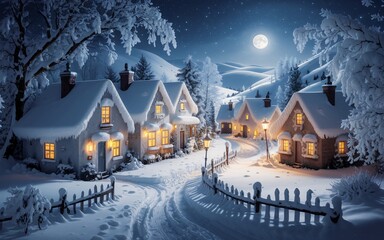 Fototapeta premium a magical winter village at night. The village has snow-covered cottages with warm glowing windows.
