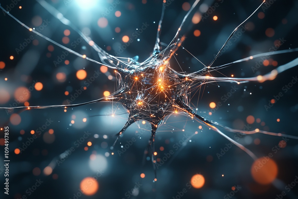 Poster depicted is an intricate neuron-like form set in a digital realm, illustrating the complex network o
