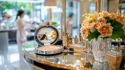 Cosmetics on ornate vanity with reflection and blooms