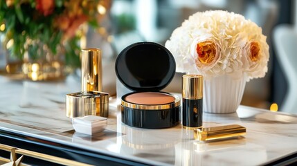 Glamorous cosmetics on glossy surface with floral decor