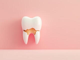 A realistic rendering of a tooth with visible cavities and decay, styled for an imitative dental health presentation