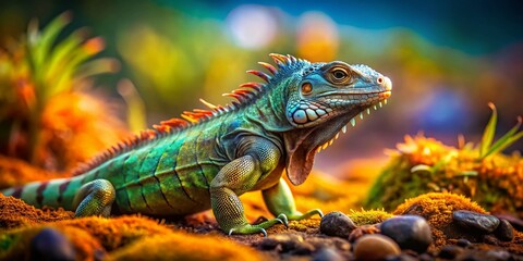 Fototapeta premium Captivating Tilt-Shift Portrait of a Wild Iguana in Its Natural Habitat, Showcasing Vibrant Colors and Intricate Details of Its Scales and Surroundings for Nature Photography Enthusiasts