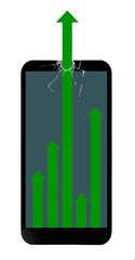 Off the charts is the theme of this hand holding a cell phone. One green arrow goes up so much it breaks through the glass on the cell phone screen. This could be financial or any other area that is c