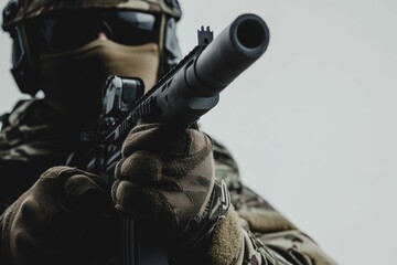 Fototapeta premium Camouflaged soldier aiming assault rifle.