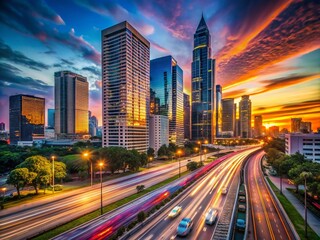 Fototapeta premium Captivating Twilight Driving Scene with Modern Architectural Skylines and Illuminated Urban Landscape