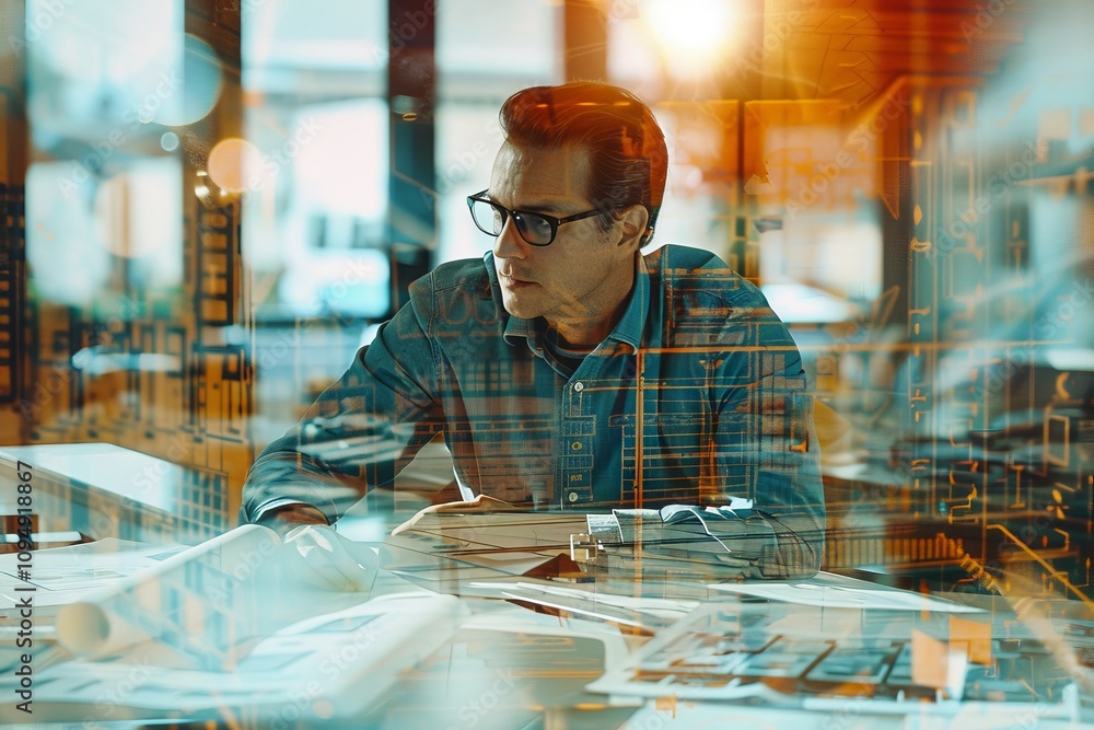 Poster thoughtful businessman analyzing blueprints and digital data in modern office, showcasing innovative