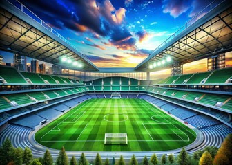 Captivating Urban Exploration of a Soccer Stadium Featuring a Lush Green Field Ready for Football Competition Under a Clear Blue Sky