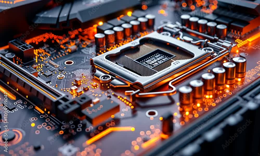 Poster close-up of a computer motherboard with a processor socket, capacitors, and circuit boards.