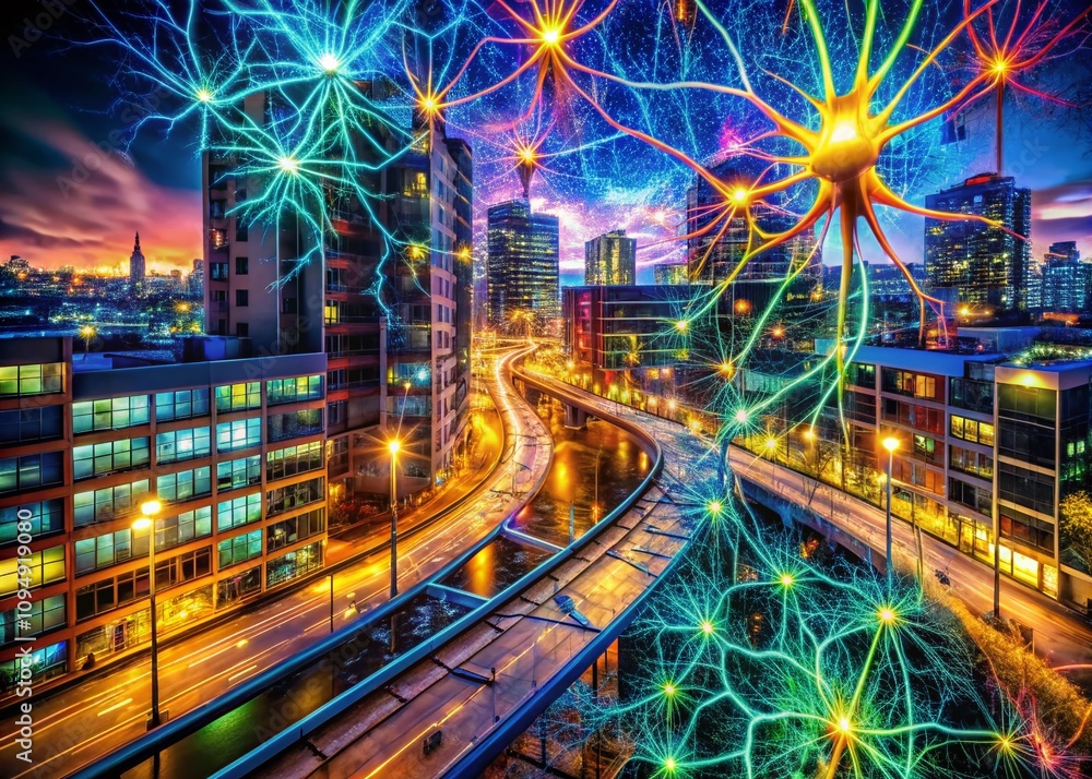 Poster captivating urban exploration of neurons: a visual journey through the city's hidden brain networks 
