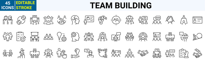 Team Building web line icons. Workshop set. Collaboration, teamwork, coaching.