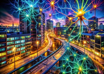 Fototapeta premium Captivating Urban Exploration of Neurons: A Visual Journey Through the City's Hidden Brain Networks and Architectural Wonders