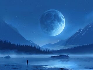 Majestic nocturnal landscape featuring a large, luminous moon casting a serene glow over a tranquil lake, surrounded by misty mountains and a silhouette of a lone figure, creating a sense of wonder an