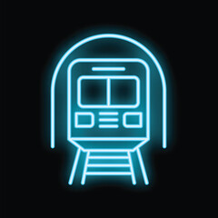 Glowing blue neon sign showing a modern train entering a tunnel