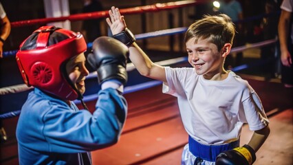 Two young boxers in a boxing ring, one wearing a red head protector and the other with a black glove raised