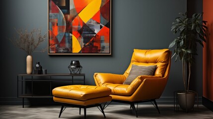 Bold color-blocked lounge chair in red and yellow, set against multicolored squares for a suprematist-inspired, modern living room design.
